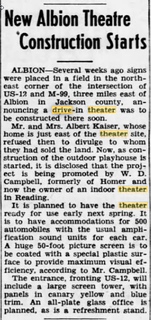 Albion Drive-In Theatre - Opening Announcement Nov 13 1949